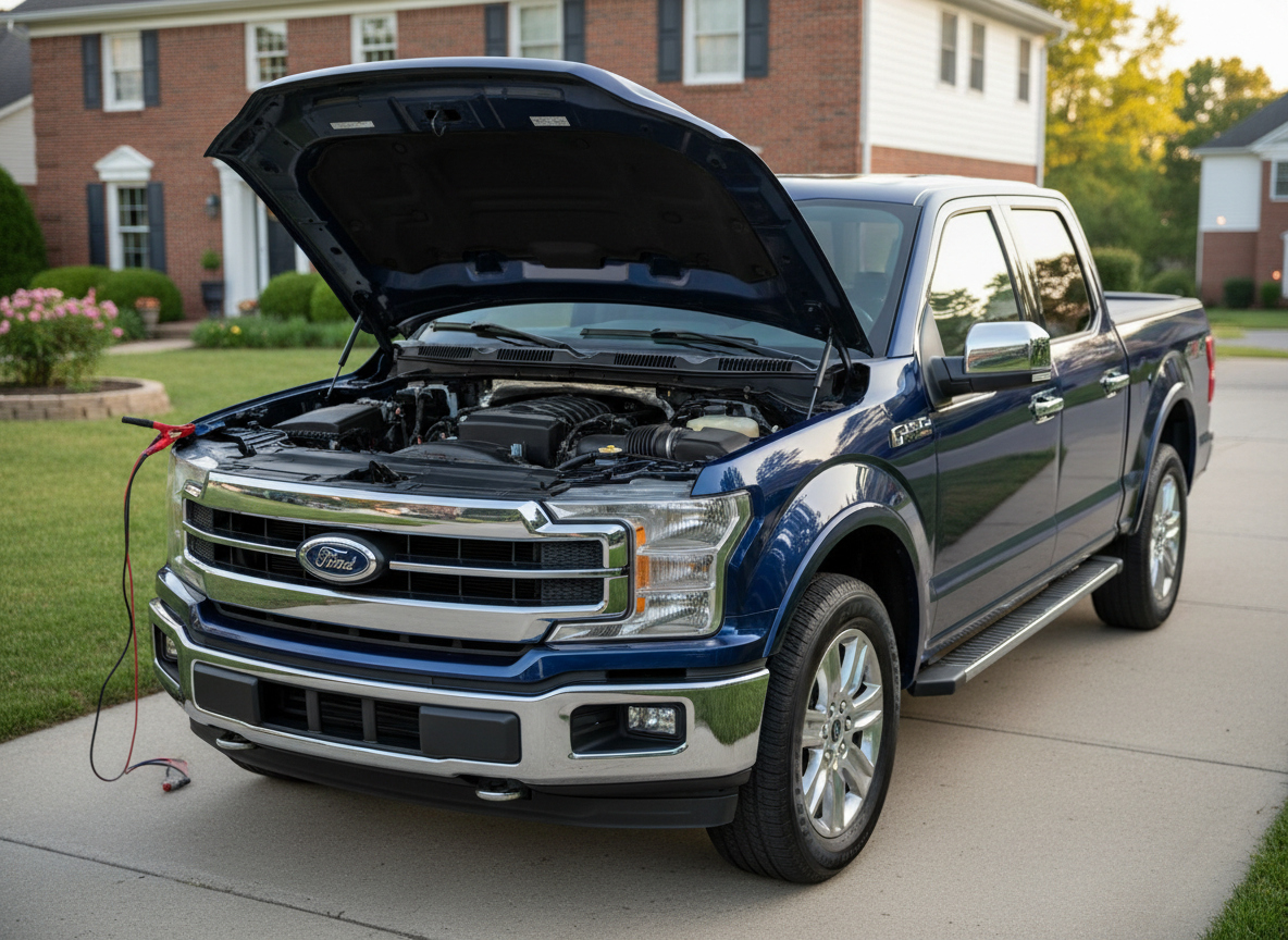 A well-maintained dark blue pickup truck parked in a clean suburban driveway in Marietta, GA, hood open to reveal a neatly arranged modern engine bay with high-detail components and diagnostic leads clipped to the battery. The truck is surrounded by a tidy two-car driveway with brick-front homes and manicured lawns softly blurred in the background. Late afternoon natural light casts gentle, warm highlights on the truck’s glossy paint and chrome details, creating subtle reflections. Photographic realism from a three-quarter front, slightly elevated angle, with shallow depth of field emphasizing the vehicle and engine. The mood is professional, reliable, and reassuring, ideal for a mobile mechanic service website hero image, with a clean, modern, and trustworthy aesthetic.
