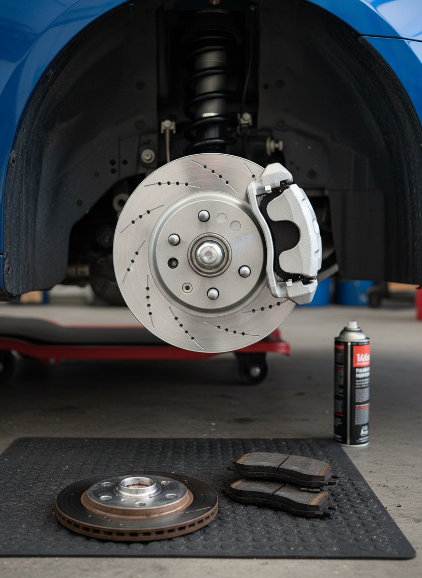 A close, detailed shot of a vehicle’s front disc brake assembly exposed, with the wheel removed. The shiny new ventilated rotor, clean brake caliper, and fresh brake pads are prominently visible, with a used, slightly worn rotor and pad set placed neatly on a mat nearby for contrast. The car’s fender and suspension components frame the top of the image, while a red creeper and brake cleaner can sit blurred in the background. Bright but diffused garage-style lighting from overhead creates crisp, clear visibility with gentle shadows. Photographic realism captured at a slight side angle with moderate depth of field conveys precision and safety-focused brake service in a professional, tidy working environment.