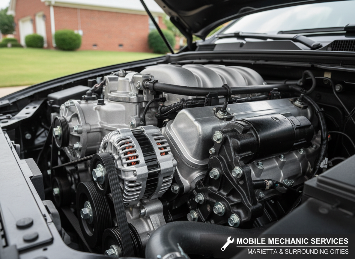A detailed view of an engine bay focused on a shiny new alternator and starter assembly installed on a clean, modern engine, with wiring looms neatly routed and secured. Surrounding components like the serpentine belt, pulleys, coolant hoses, and intake manifold appear well-maintained and slightly reflective. The vehicle is parked in a driveway with a subtle hint of a brick house and green lawn softly blurred beyond the open hood. Natural mid-morning daylight illuminates the engine compartment from above, creating bright, even lighting and subtle metallic gleam. Photographic realism from a close, three-quarter angle emphasizes reliability and professional workmanship, ideal for representing starter and alternator replacement services for a mobile mechanic in Marietta and nearby cities.