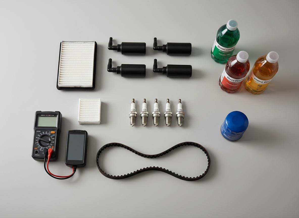 A detailed overhead view of a meticulously arranged set of automotive maintenance components on a clean, light gray workbench surface: new spark plugs in a row, ignition coils, an air filter, cabin filter, serpentine belt, fresh oil filter, and labeled fluid bottles for coolant, brake fluid, and engine oil. A digital multimeter and OBD-II scanner lie neatly to one side, their screens dark but reflective. Soft studio lighting from above casts subtle, crisp shadows and highlights the textures of metal, rubber, and plastic. Photographic realism with sharp focus across the entire frame and a minimalist, top-down composition creates a clean, organized, and professional atmosphere, ideal for illustrating tune-ups, maintenance, and diagnostics for a mobile mechanic service site.