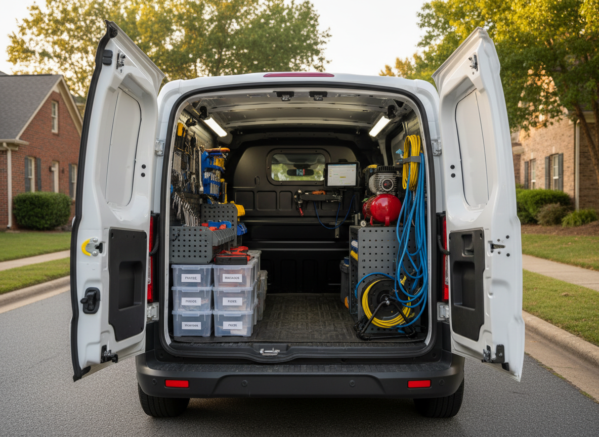 A compact, efficient mobile mechanic setup in the back of a clean white service van with the rear doors open, revealing neatly mounted tool racks, labeled plastic bins of parts, a small air compressor, and diagnostic equipment. Coiled air hoses and power cables are secured along the interior walls, and a folded portable work light is stowed on one side. The van is parked on a quiet street in Acworth, GA, with houses and trees softened into the background. Late afternoon natural light streams into the van, creating soft highlights on the metal tools and subtle shadows along the floor. Photographic realism from a slightly elevated rear angle showcases organization, readiness, and professionalism without any human figures.
